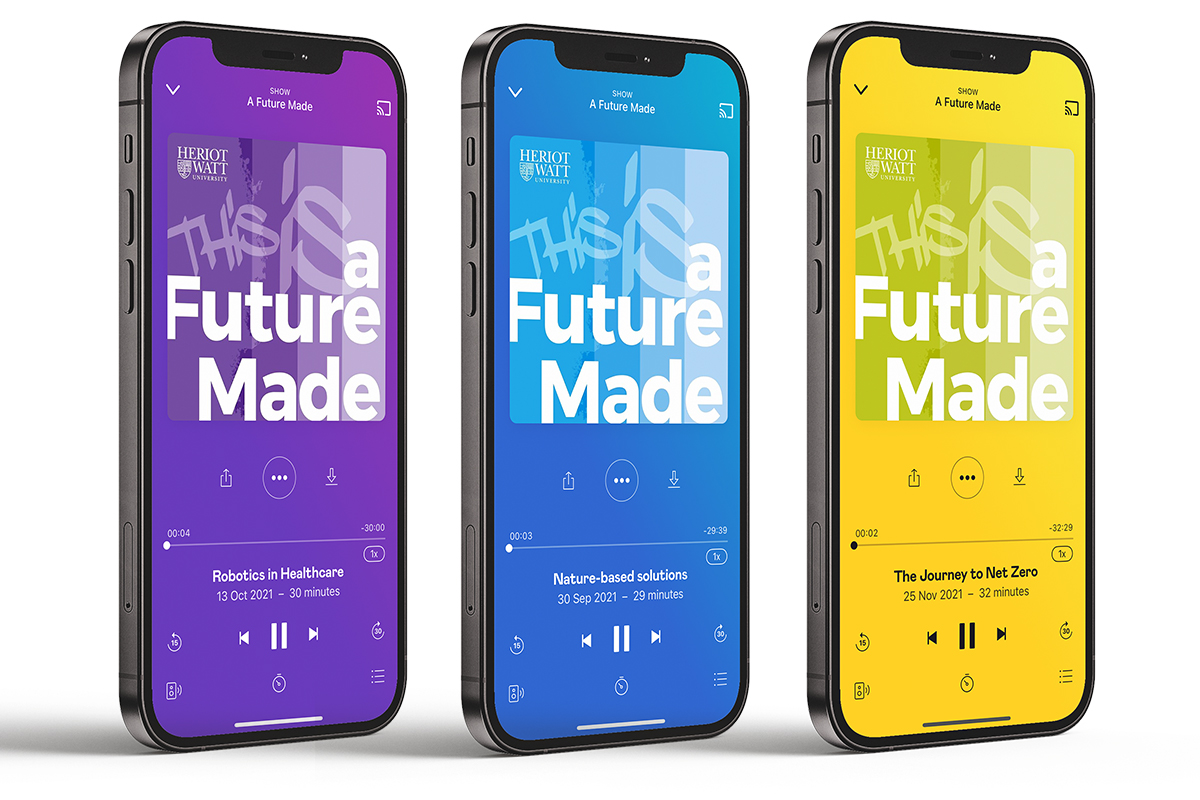 Image of iPhone screens displaying 'A Future Made' podcast identity graphic.