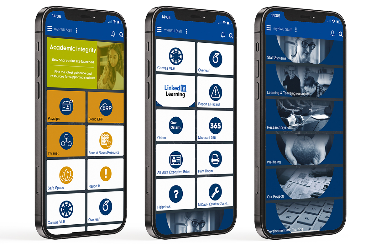 A mock up of 3 iPhones showing the staff portal design
