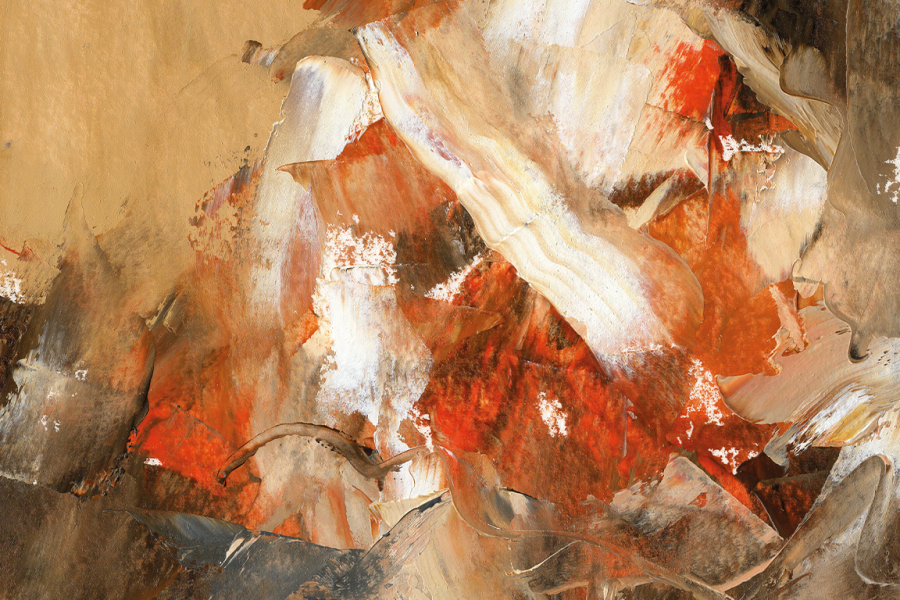 An abstract oil painting featuring a colour palette and tones browns, creams and oranges. The painting is expressive and abstract in style.