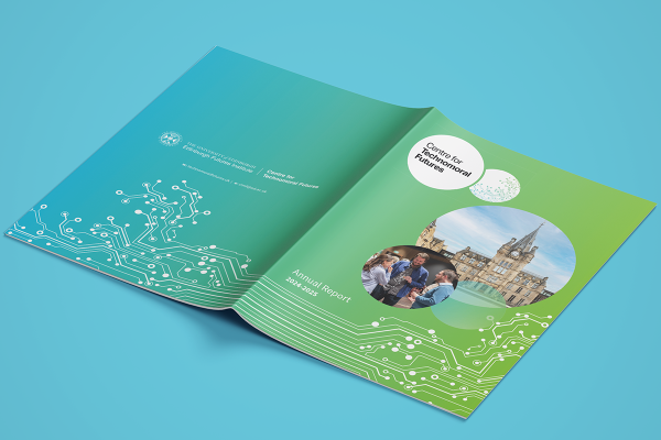 Image shows a mock of the outer cover of the CTMF Annual Report laid flat on a light teal background