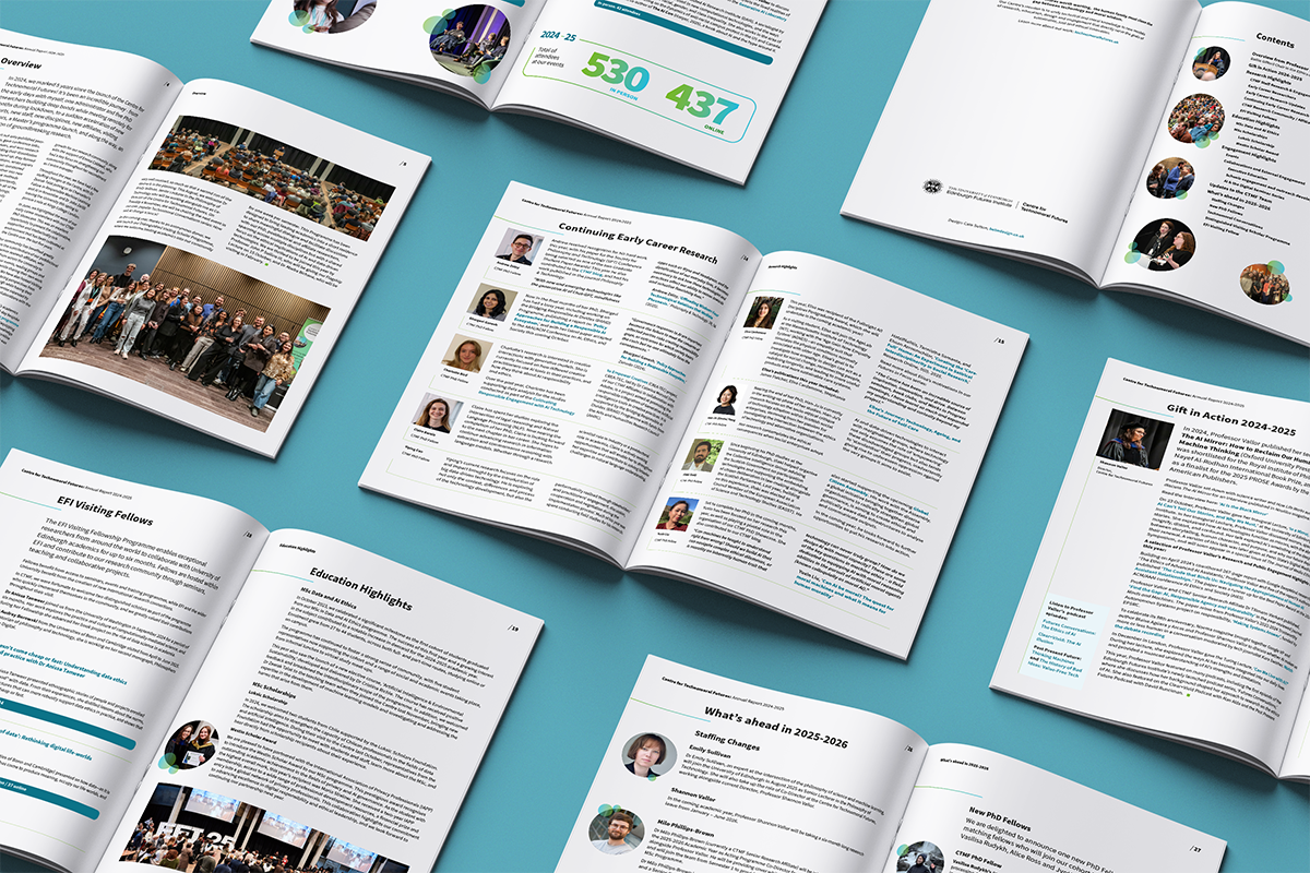 Image shows a mock up of a selection of spreads laid out on a light turquoise background.